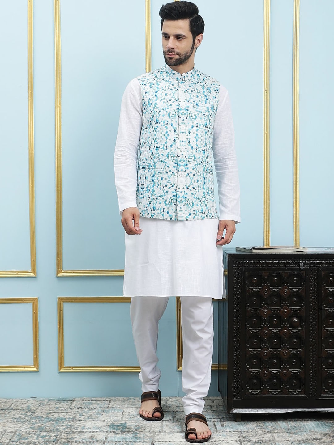 See Designs Printed Pure Cotton Slim Fit Nehru Jackets, Blue