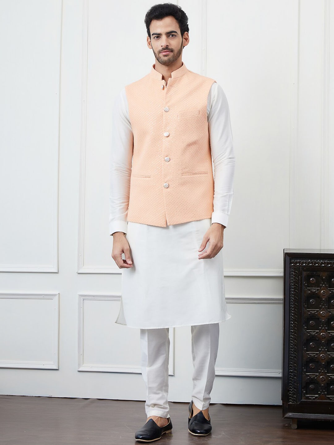 

See Designs Mandarin Collar Pure Cotton Kurta with Pyjama & Woven Design Nehru jacket, Peach