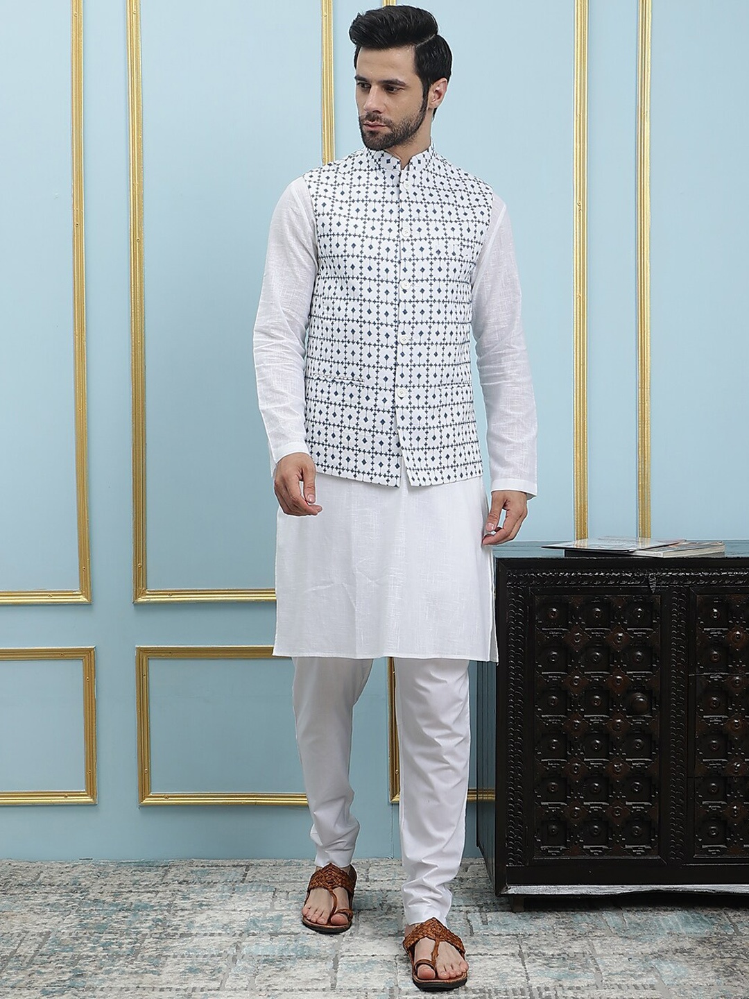

See Designs Mandarin Collar Pure Cotton Kurta with Pyjama & Woven Design Nehru jacket, White