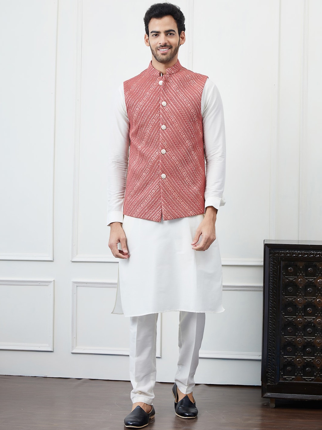 

See Designs Embroidered Pure Cotton Nehru Jackets, Coral