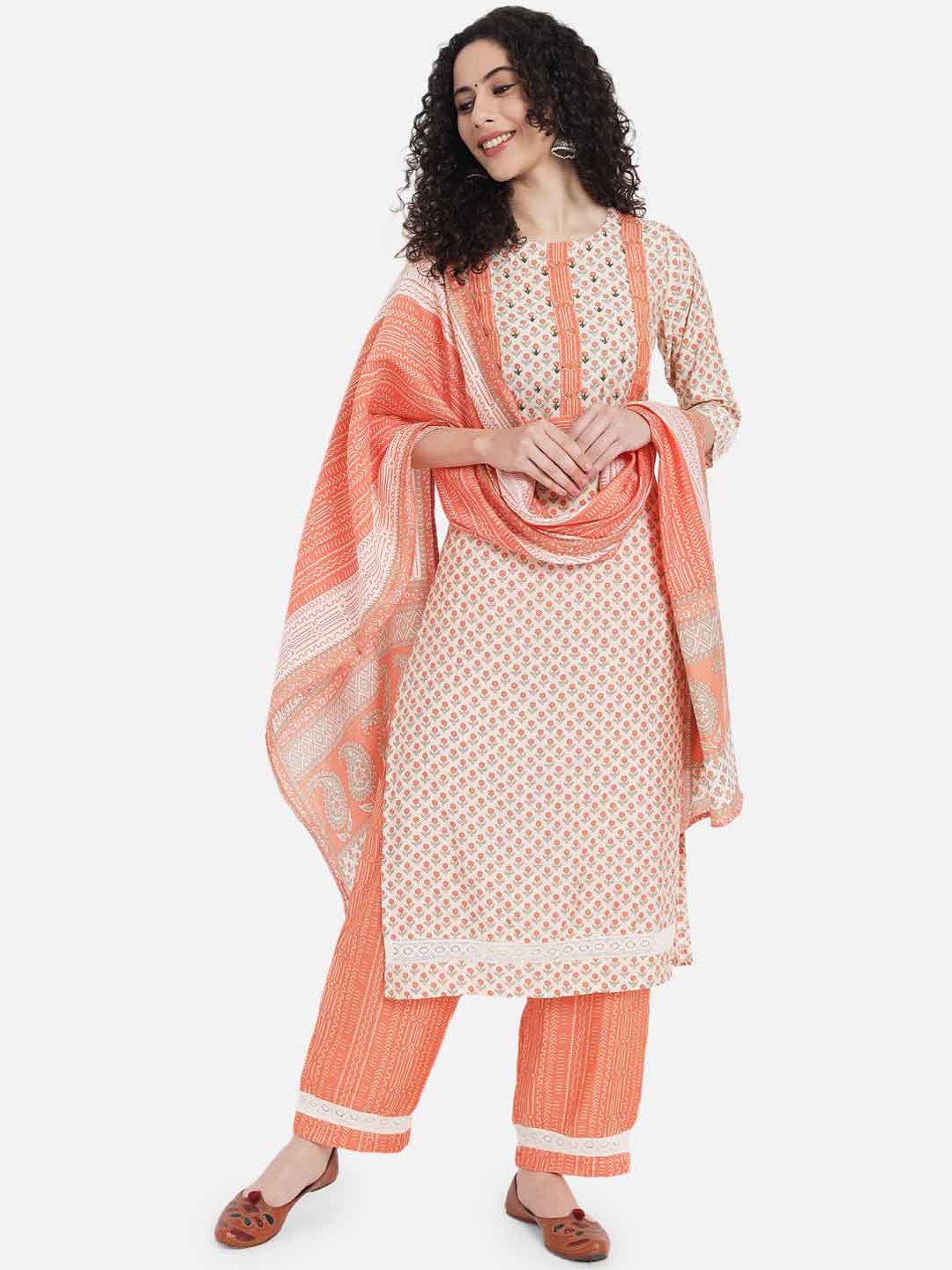 

KALINI Floral Printed Thread Work Kurta with Palazzos & Dupatta, Peach