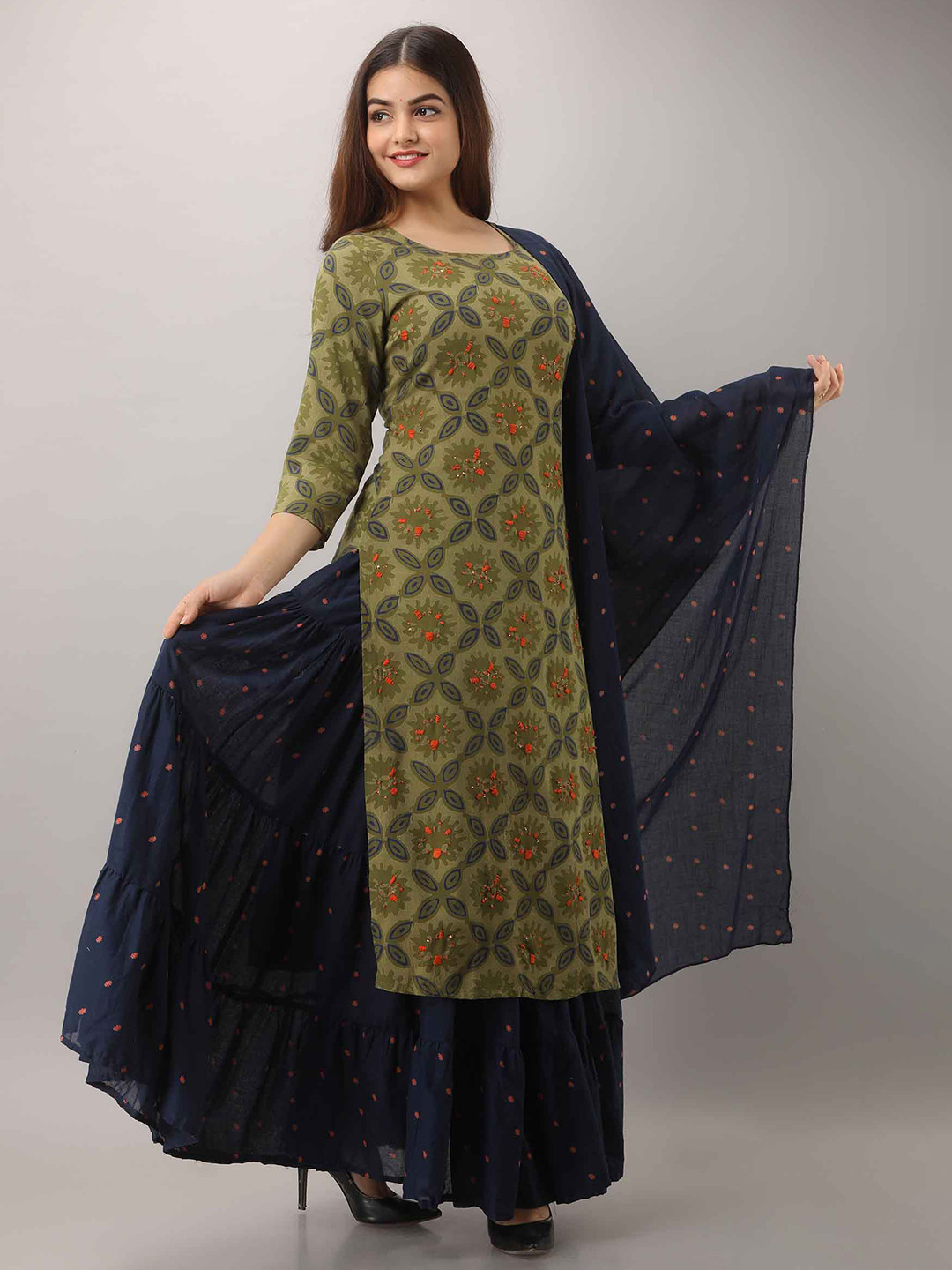

KALINI Floral Printed Sequinned Kurta with Skirt & Dupatta, Green