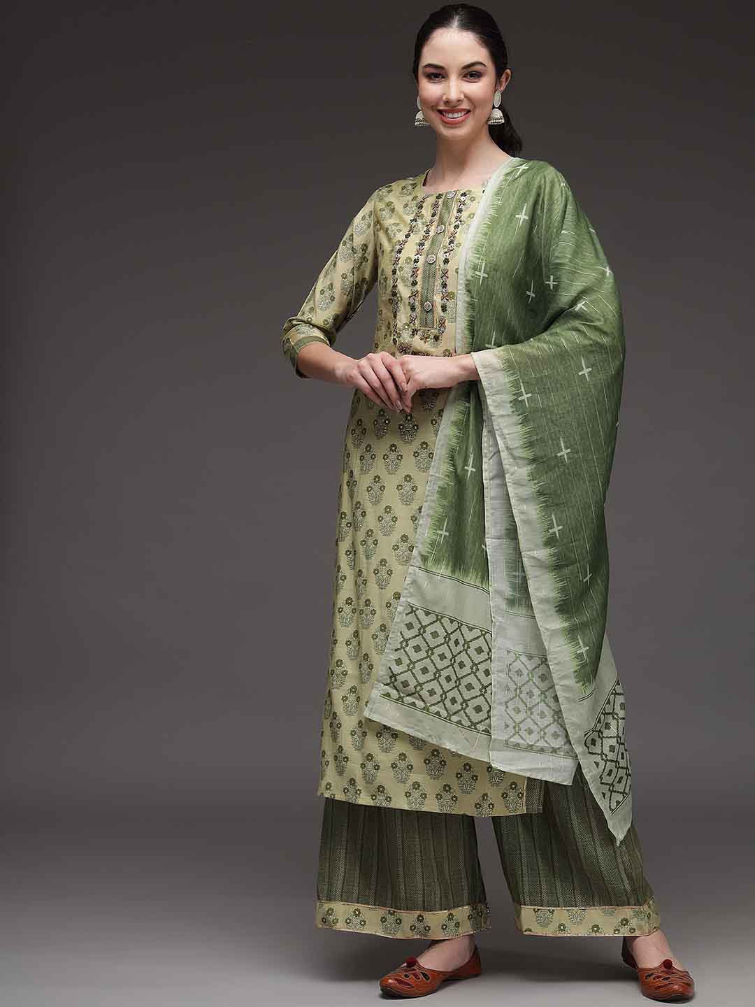 

KALINI Floral Printed Regular Beads and Stones Kurta with Palazzos & With Dupatta, Green
