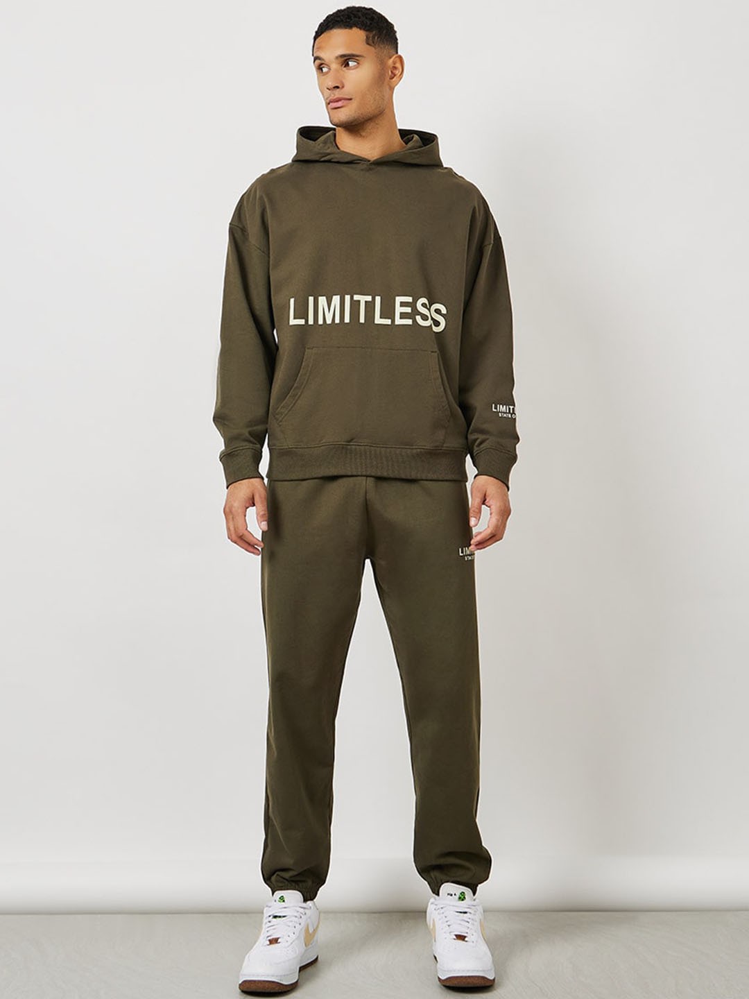

Styli Printed Pure Cotton Oversized Hoodie & Jogger, Olive