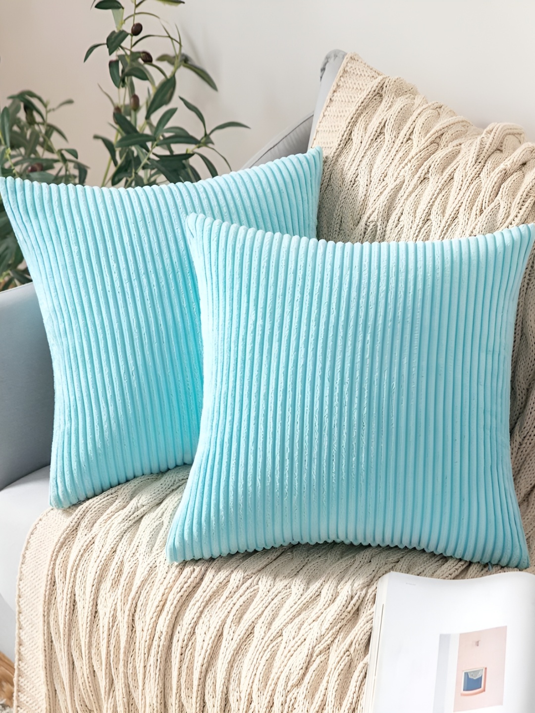 

Vinayaka Fab Turquoise Blue 2 Pieces Striped Square Cushion Covers