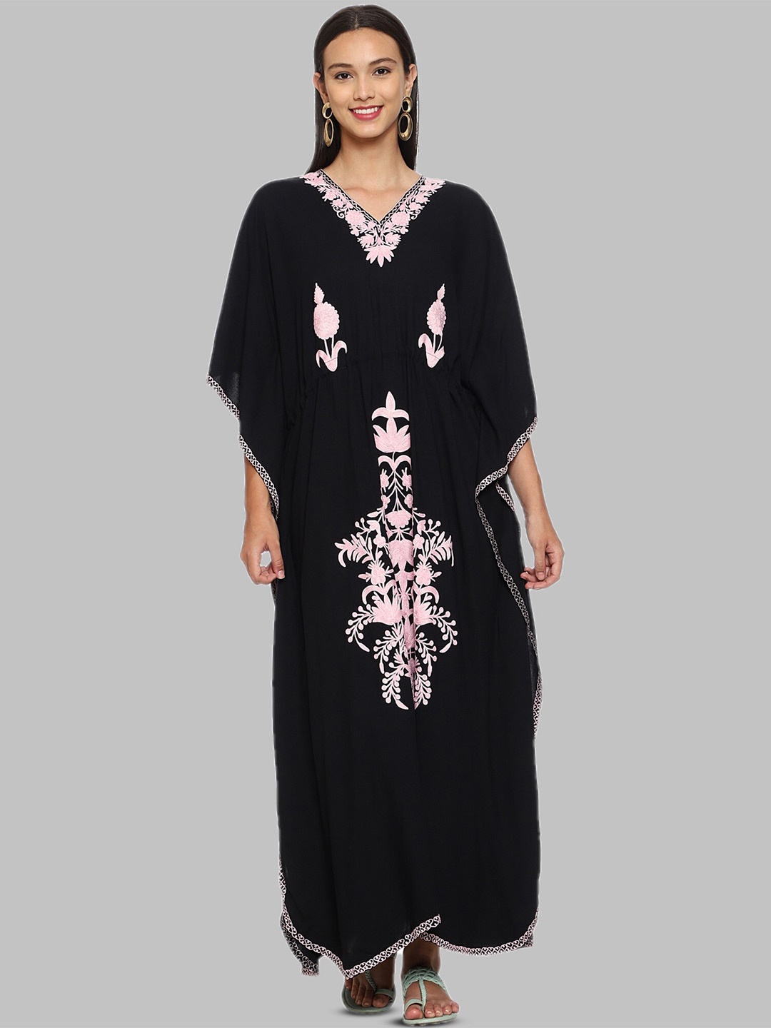 

CRAFTBAZAR Embroidered Kimono Sleeves Kaftan Maxi Dress, Black