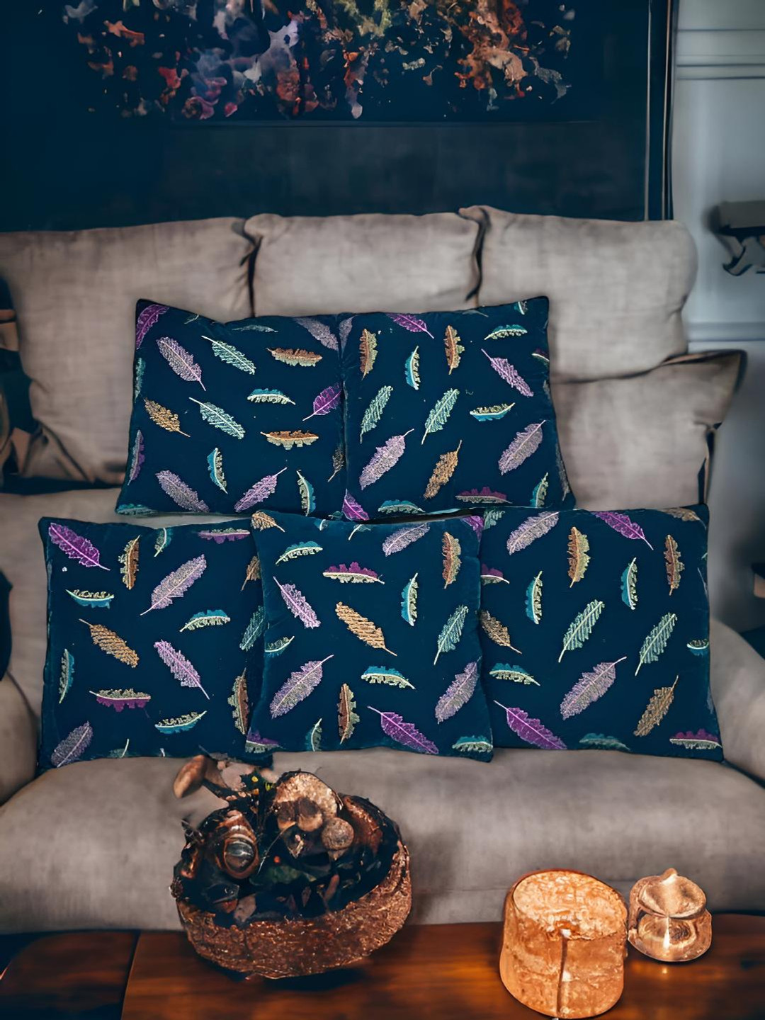 

CASA-NEST Black & Blue Floral Embroidery Leaf Print Velvet Square Cushion Covers