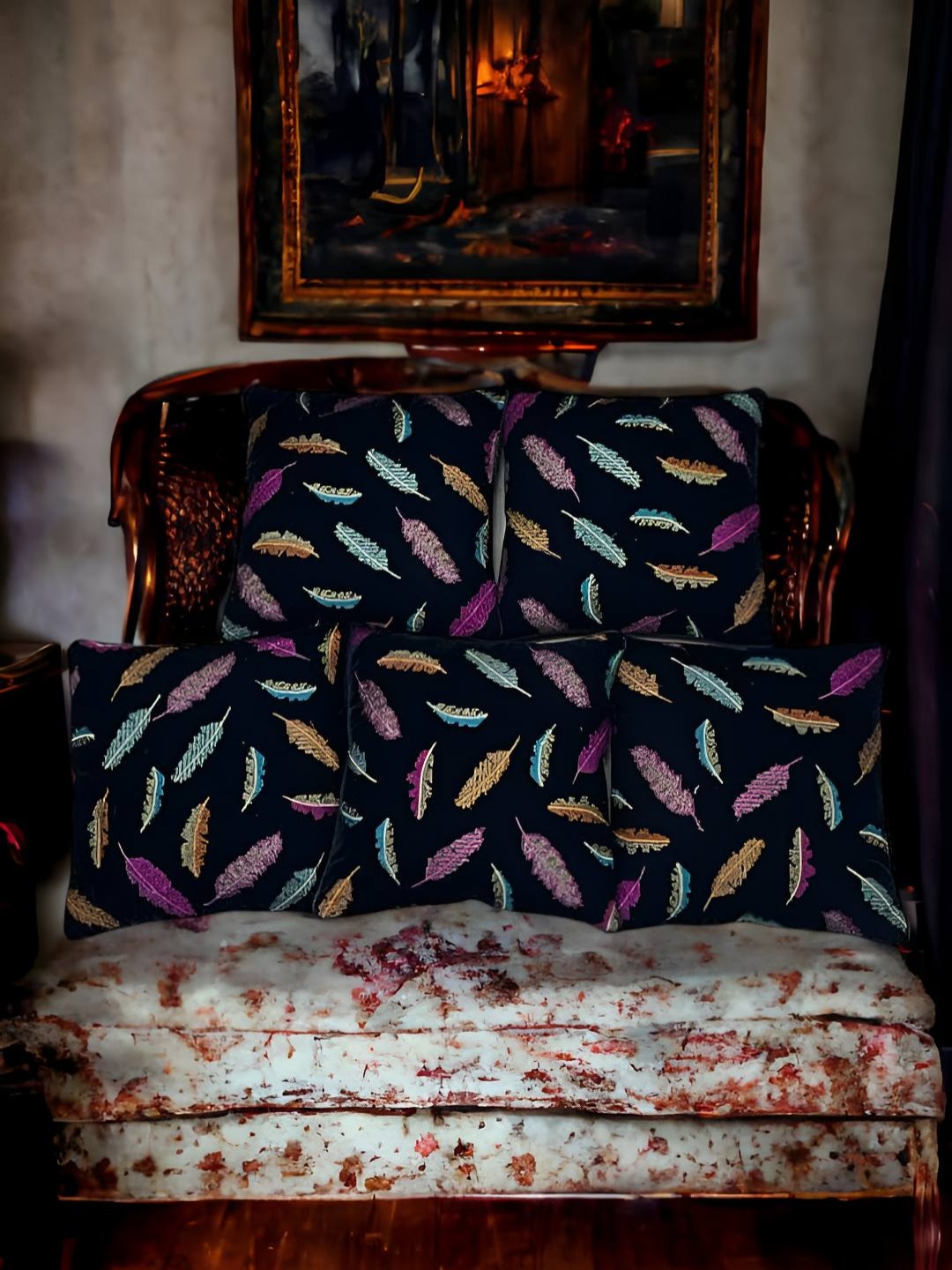 

CASA-NEST Black & Blue Floral Embroidery Leaf Print Velvet Square Cushion Covers