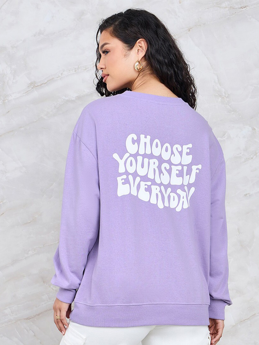 

Styli Purple Typography Printed Drop Shoulder Sleeves Cotton Sweatshirt