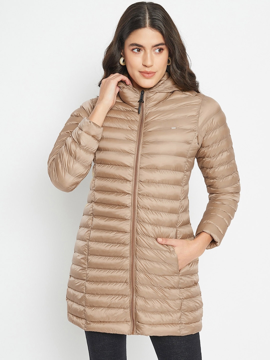 

Okane Hooded Lightweight Longline Puffer Jacket, Beige