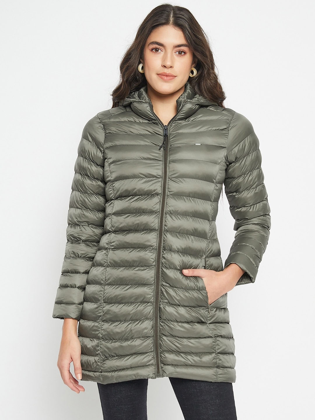 

Okane Hooded Lightweight Longline Puffer Jacket, Olive