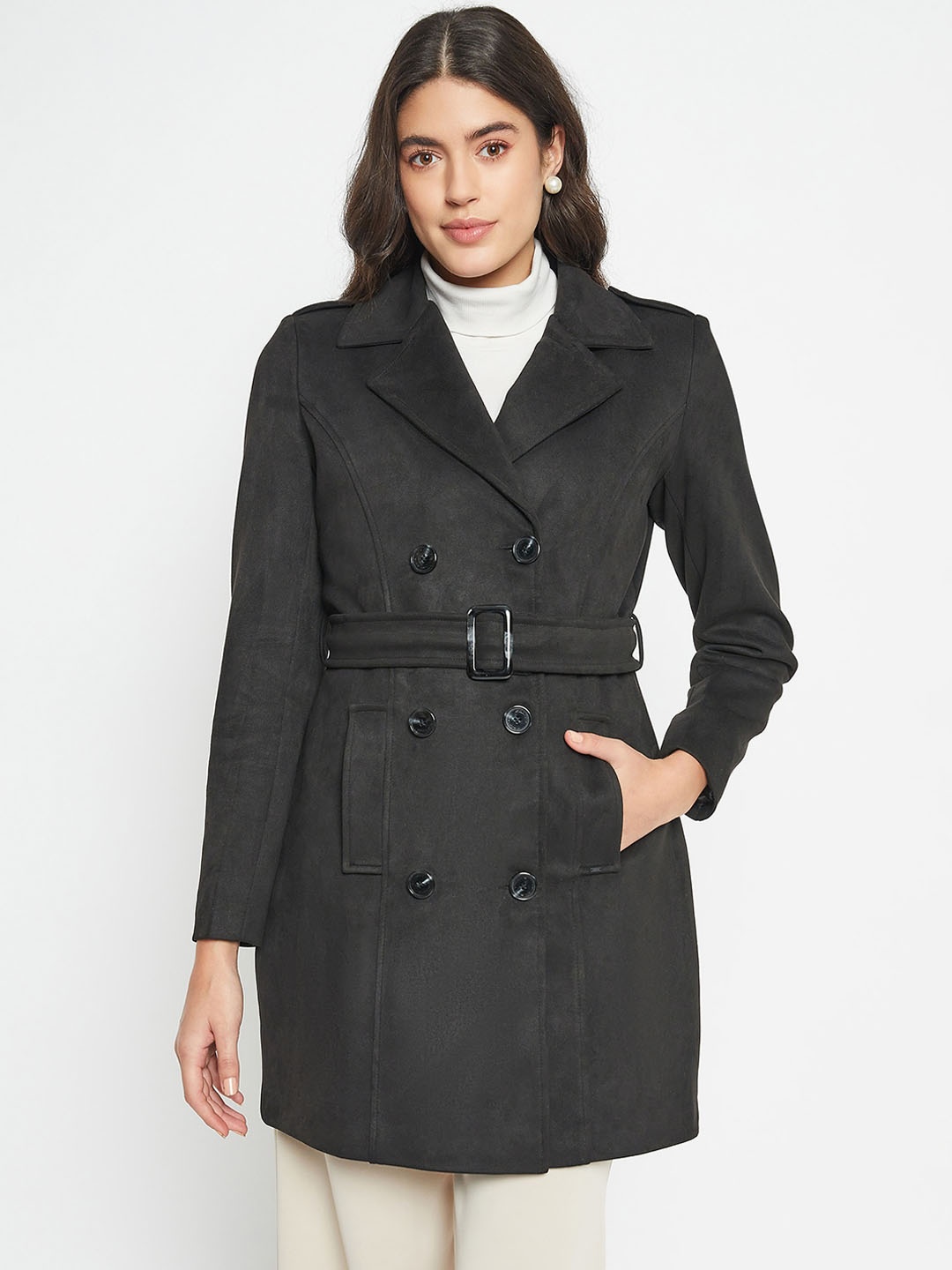 

Okane Notched Lapel Collar Double Breasted Overcoat, Black