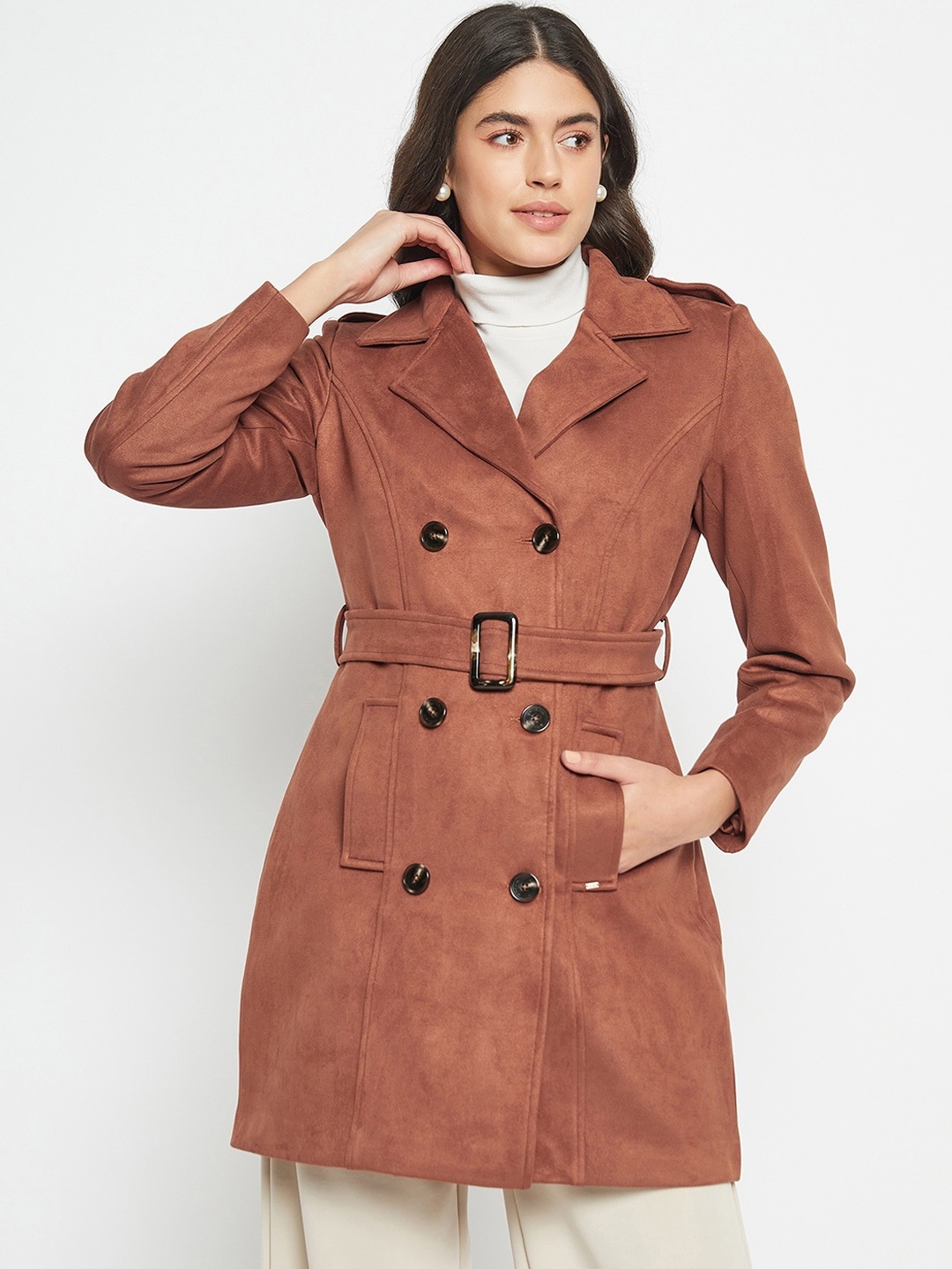 

Okane Notched Lapel Collar Double-Breasted Overcoat, Tan