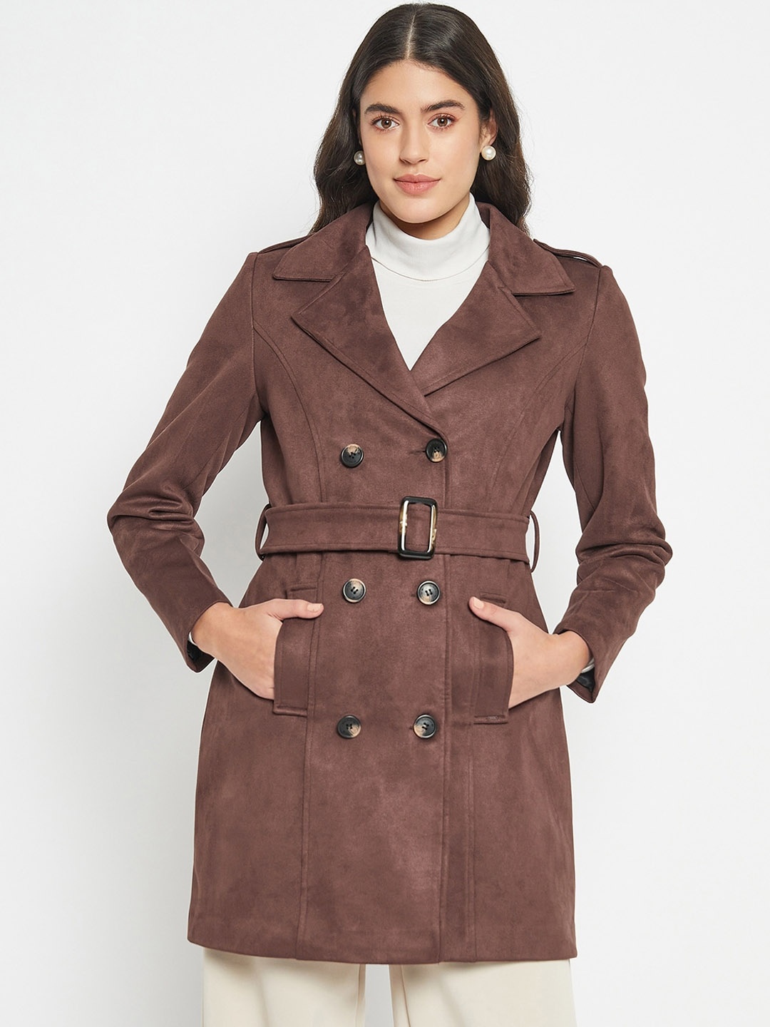 

Okane Double Breasted Notched Lapel Collar Overcoat, Coffee brown