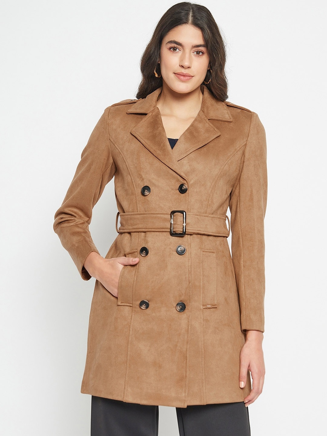 

Okane Notched Lapel Collar Double-Breasted Overcoat, Camel brown