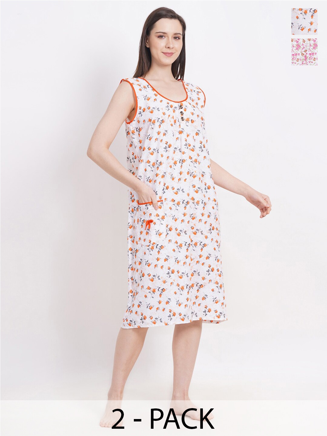 

Breezly Pack Of 2 Floral Printed Pure Cotton Nightdress, Orange