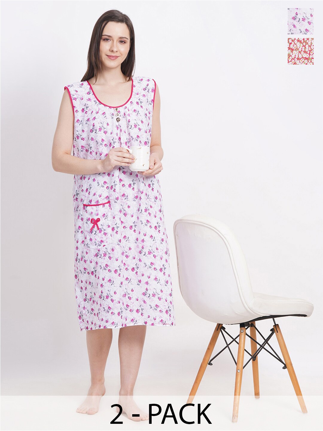 

Breezly Pack Of 2 Floral Printed Pure Cotton Nightdress, Pink