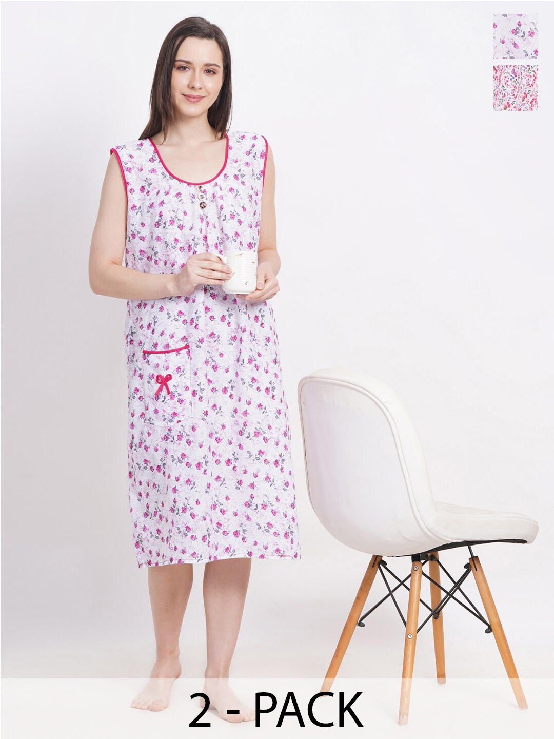 

Breezly Pack of 2 Floral Printed Pure Cotton Midi Nightdress, Pink