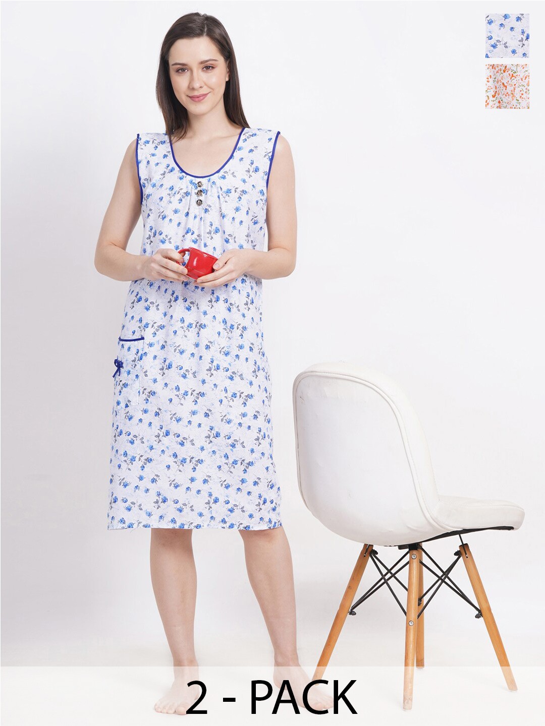 

Breezly Pack of 2 Floral Printed Pure Cotton Midi Nightdress, Blue