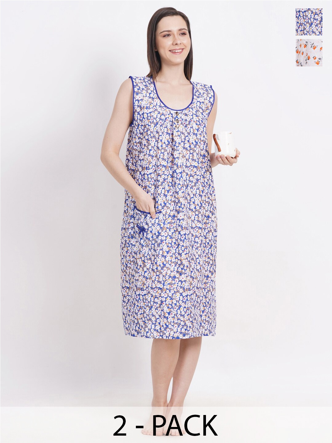 

Breezly Pack of 2 Floral Printed Pure Cotton Midi Nightdress, Orange