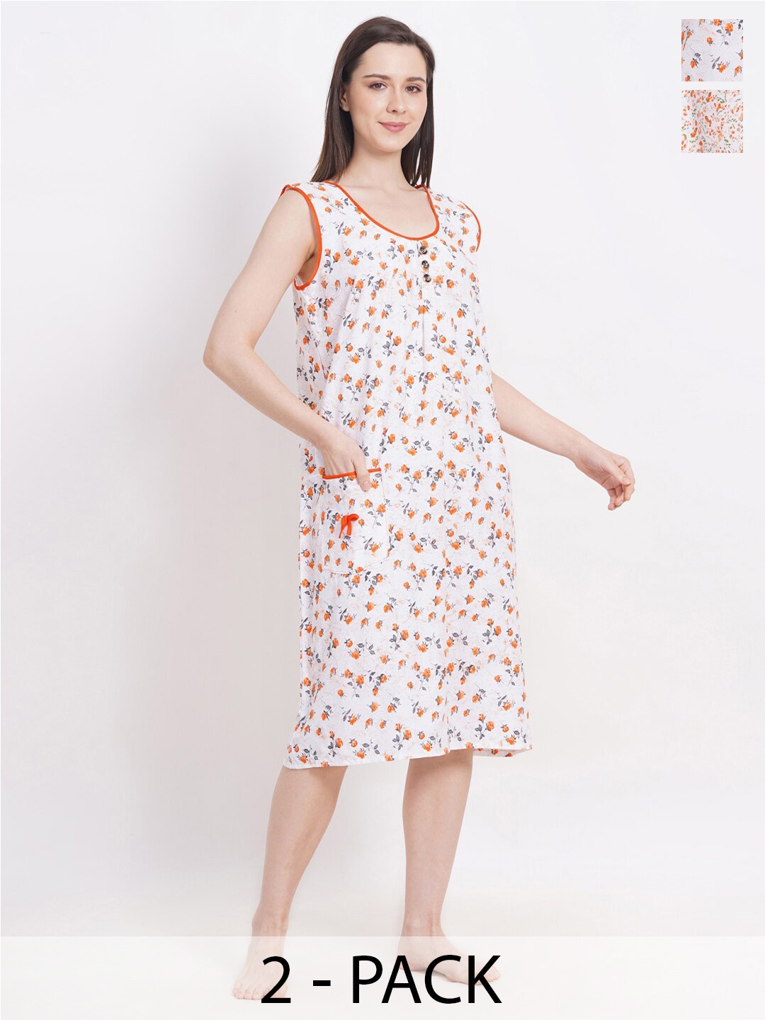 

Breezly Pack of 2 Floral Printed Pure Cotton Midi Nightdress, Orange