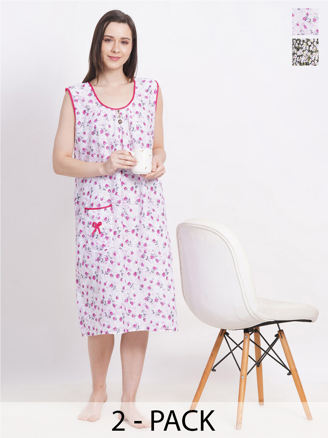 

Breezly Pack of 2 Floral Printed Pure Cotton Midi Nightdress, Pink