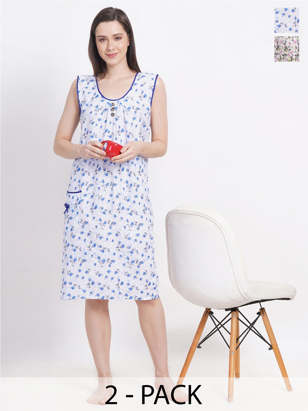 

Breezly Pack of 2 Floral Printed Pure Cotton Midi Nightdress, White