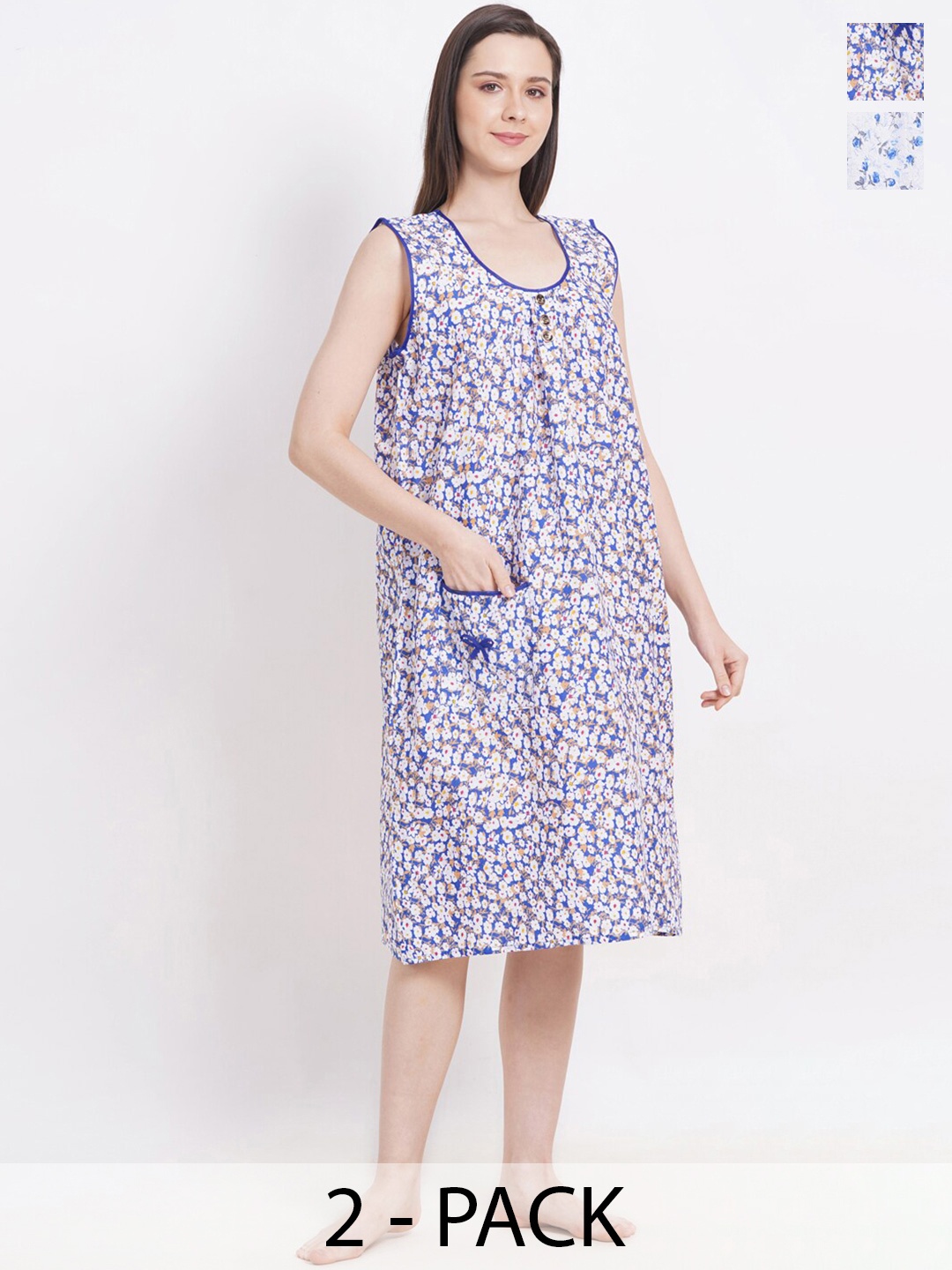 

Breezly Pack of 2 Floral Printed Pure Cotton Midi Nightdress, Blue