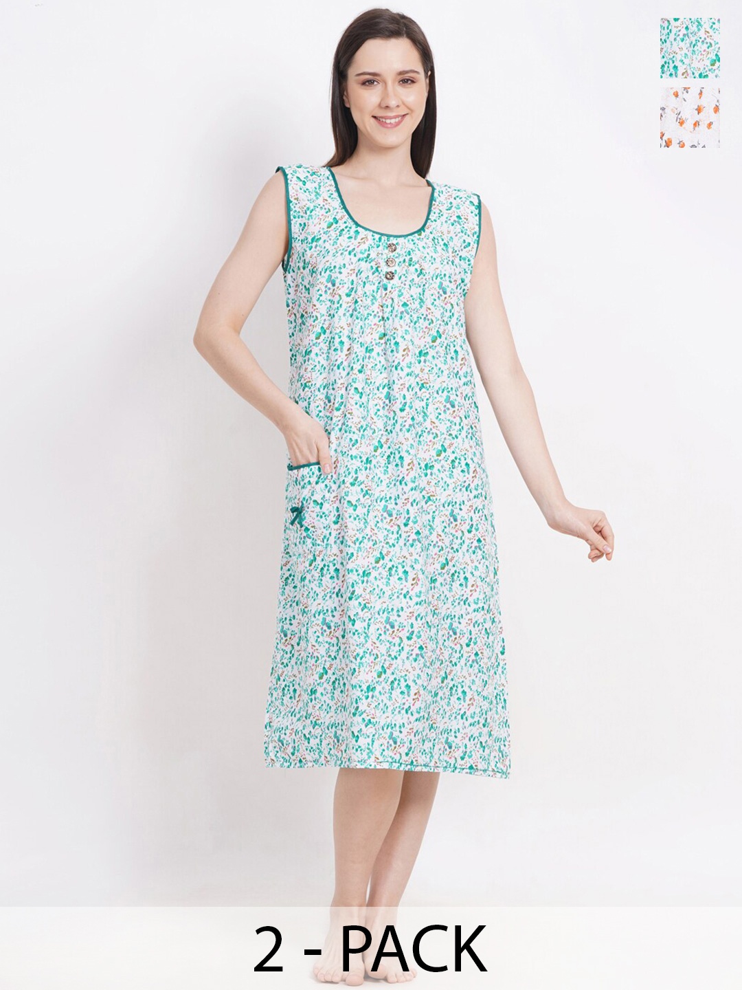 

Breezly Pack of 2 Floral Printed Pure Cotton Midi Nightdress, White