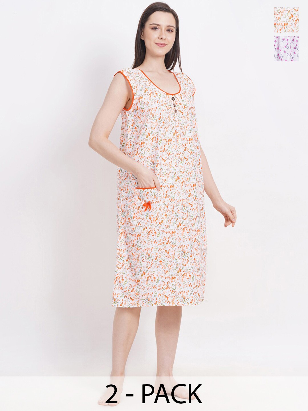 

Breezly Pack of 2 Floral Printed Pure Cotton Midi Nightdress, White