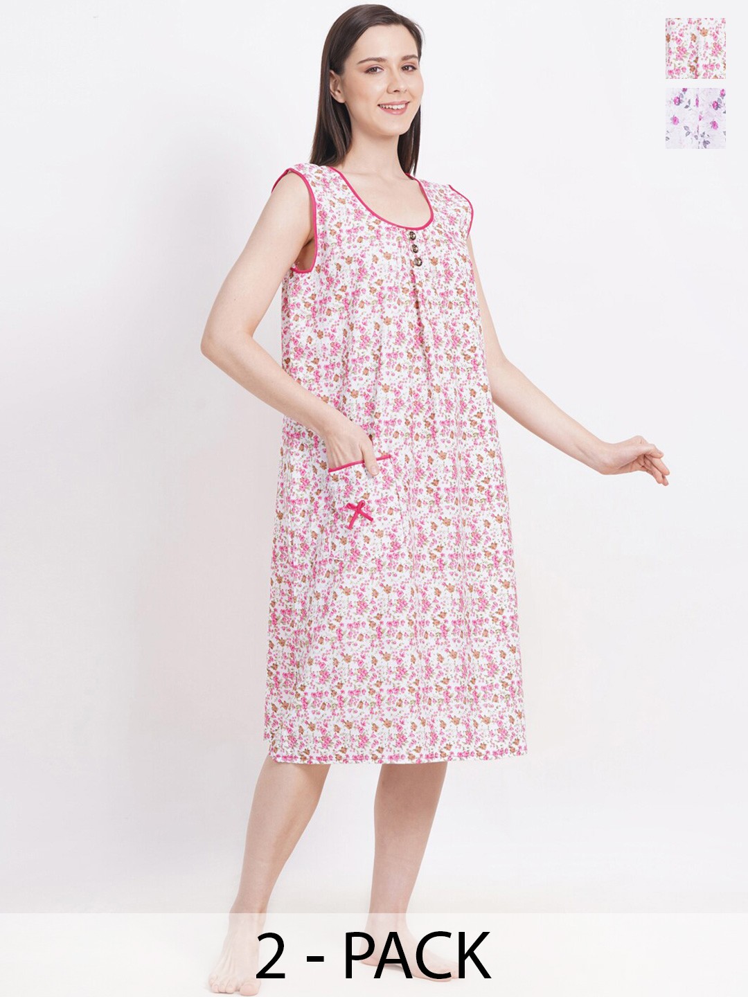 

Breezly Pack of 2 Floral Printed Pure Cotton Midi Nightdress, White