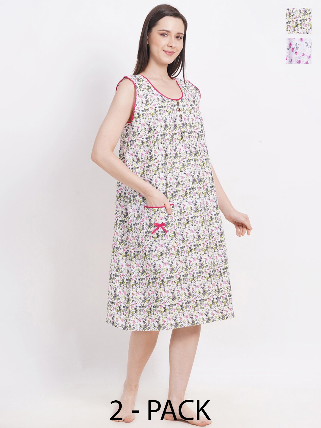

Breezly Pack of 2 Floral Printed Pure Cotton Midi Nightdress, White
