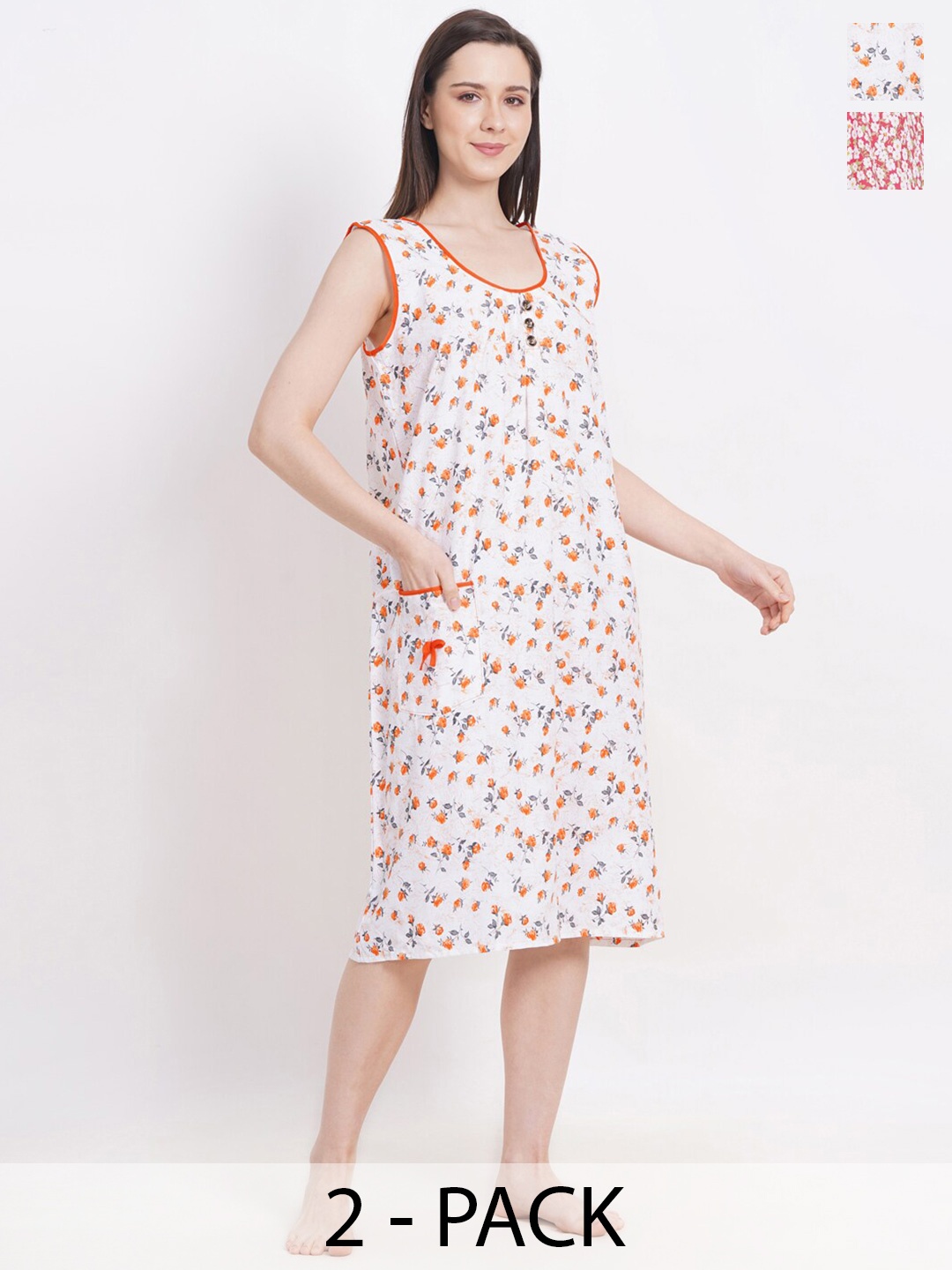 

Breezly Pack of 2 Floral Printed Pure Cotton Midi Nightdress, Orange