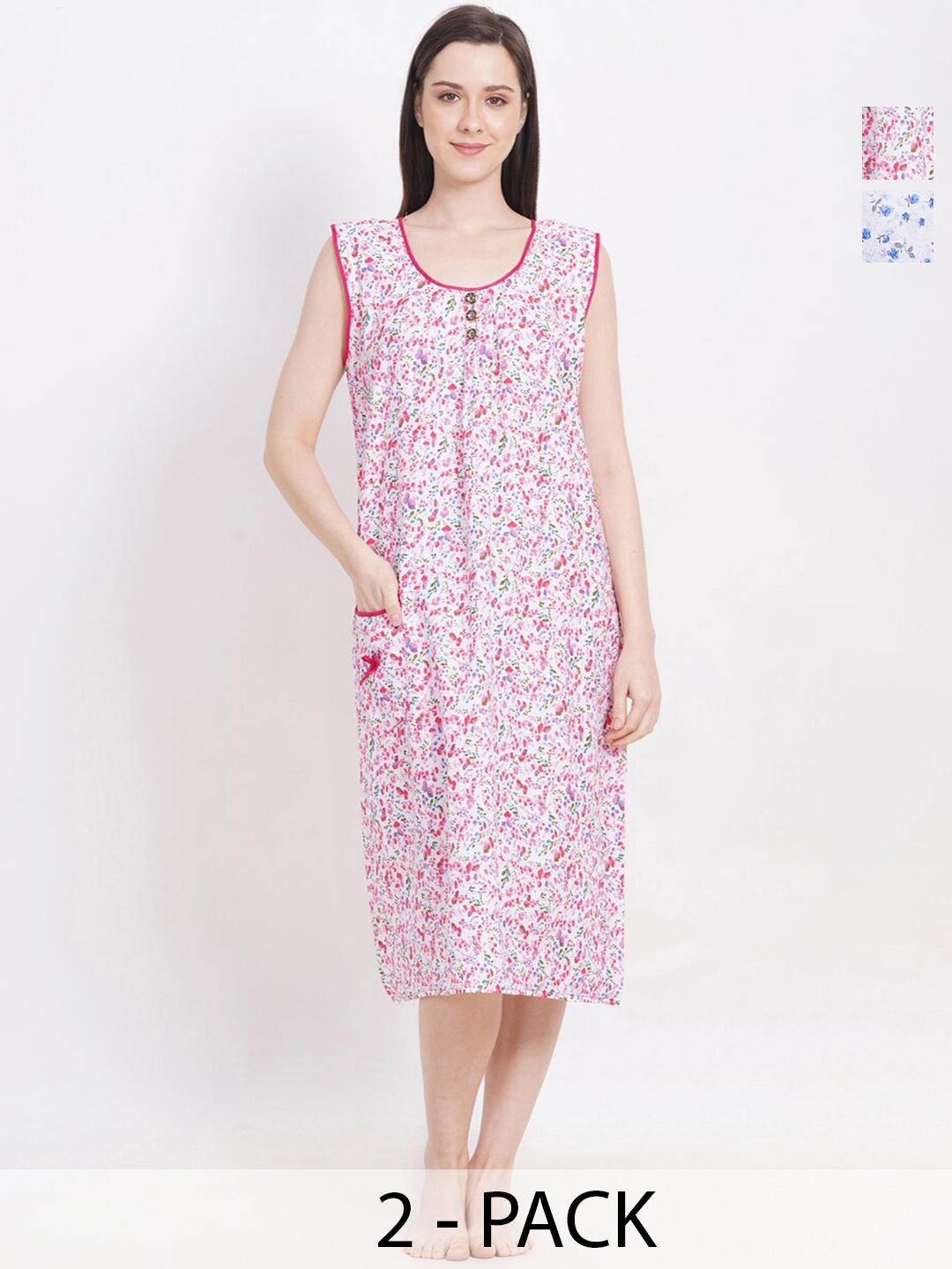 

Breezly Pack of 2 Floral Printed Pure Cotton Midi Nightdress, Blue