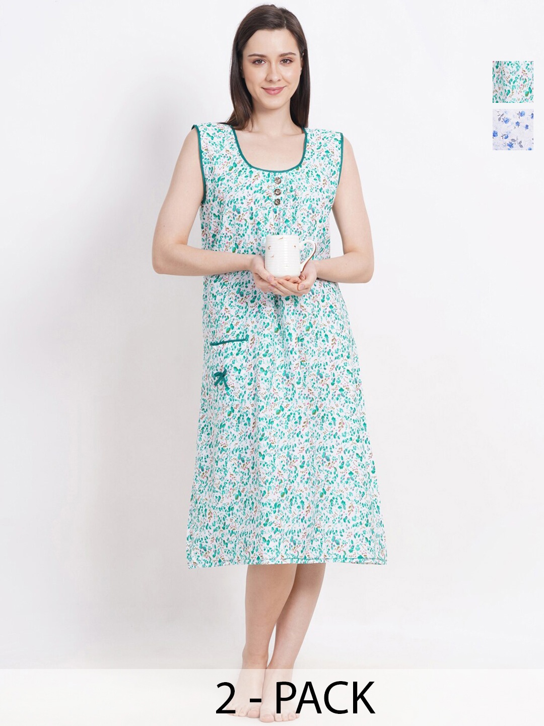 

Breezly Pack of 2 Floral Printed Pure Cotton Midi Nightdress, Blue