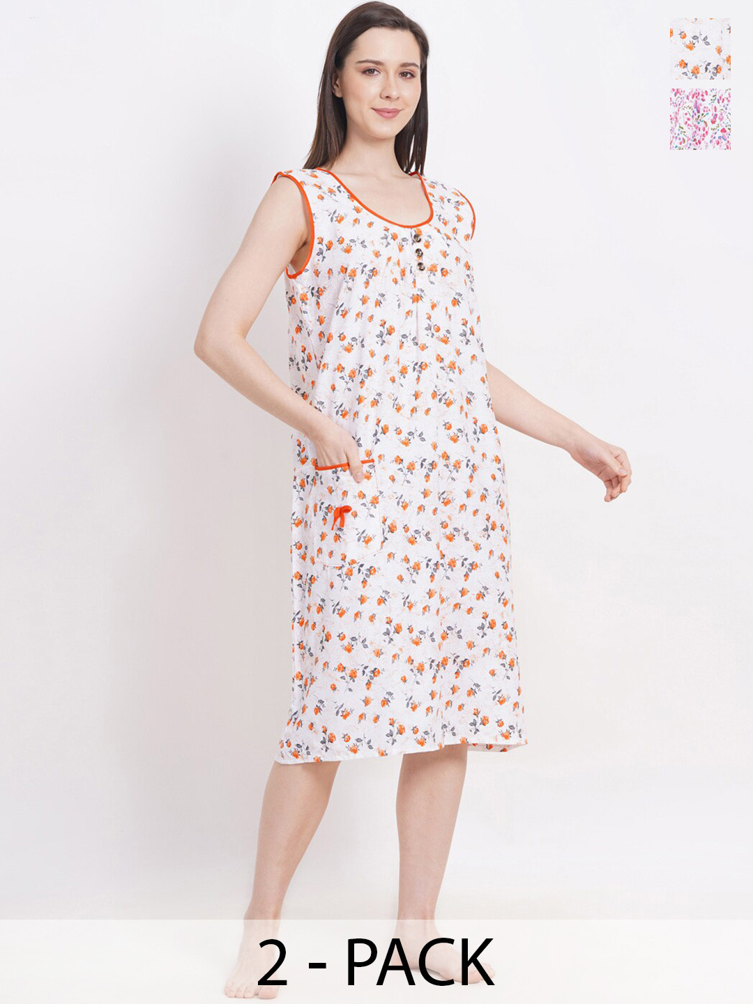 

Breezly Pack of 2 Floral Printed Pure Cotton Midi Nightdress, White