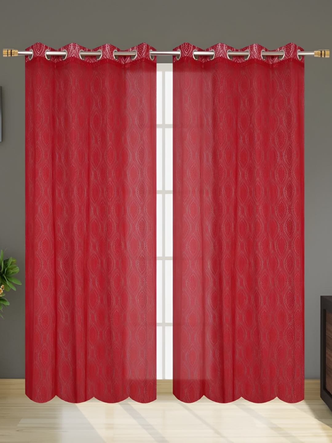 

fabrilia Maroon 2Pcs Ethnic Motifs Sheer Door Curtain