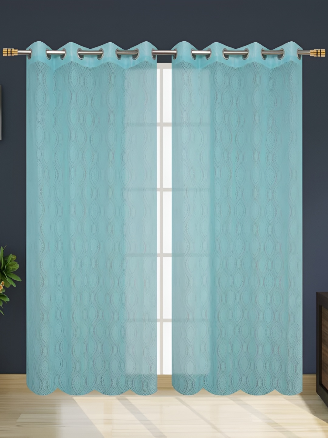 

fabrilia Turquoise Blue 2 Pieces Ethnic Motifs Sheer Long Door Curtain