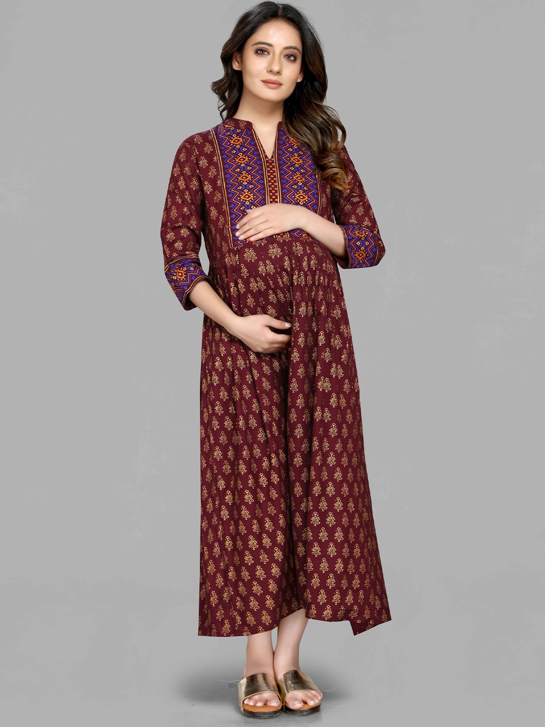

MAIYEE Floral Printed Mandarin Collar Pure Cotton Maternity Fit & Flare Ethnic Dress, Brown