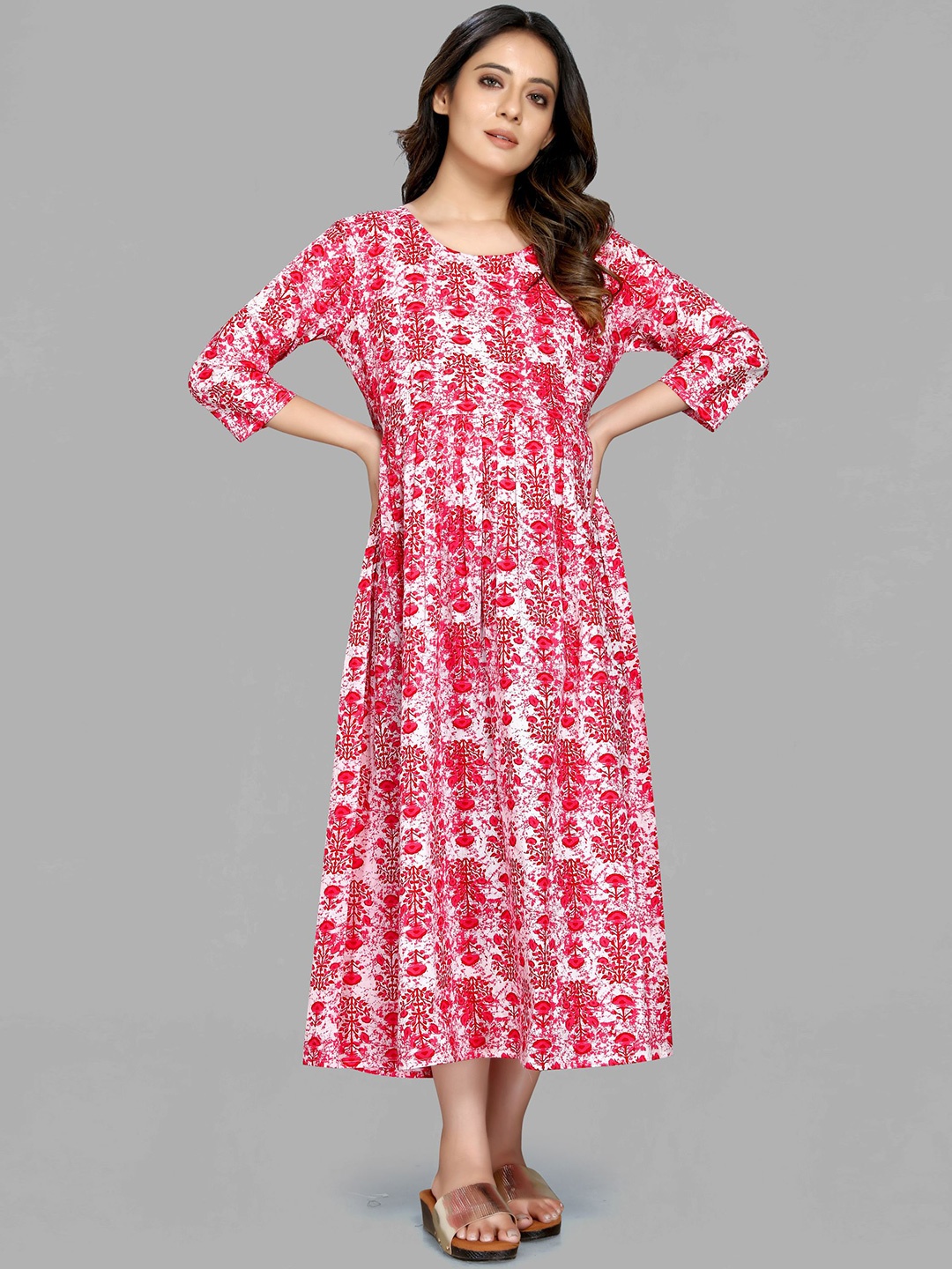 

MAIYEE Floral Printed Maternity A-Line Cotton Midi Dress, Pink