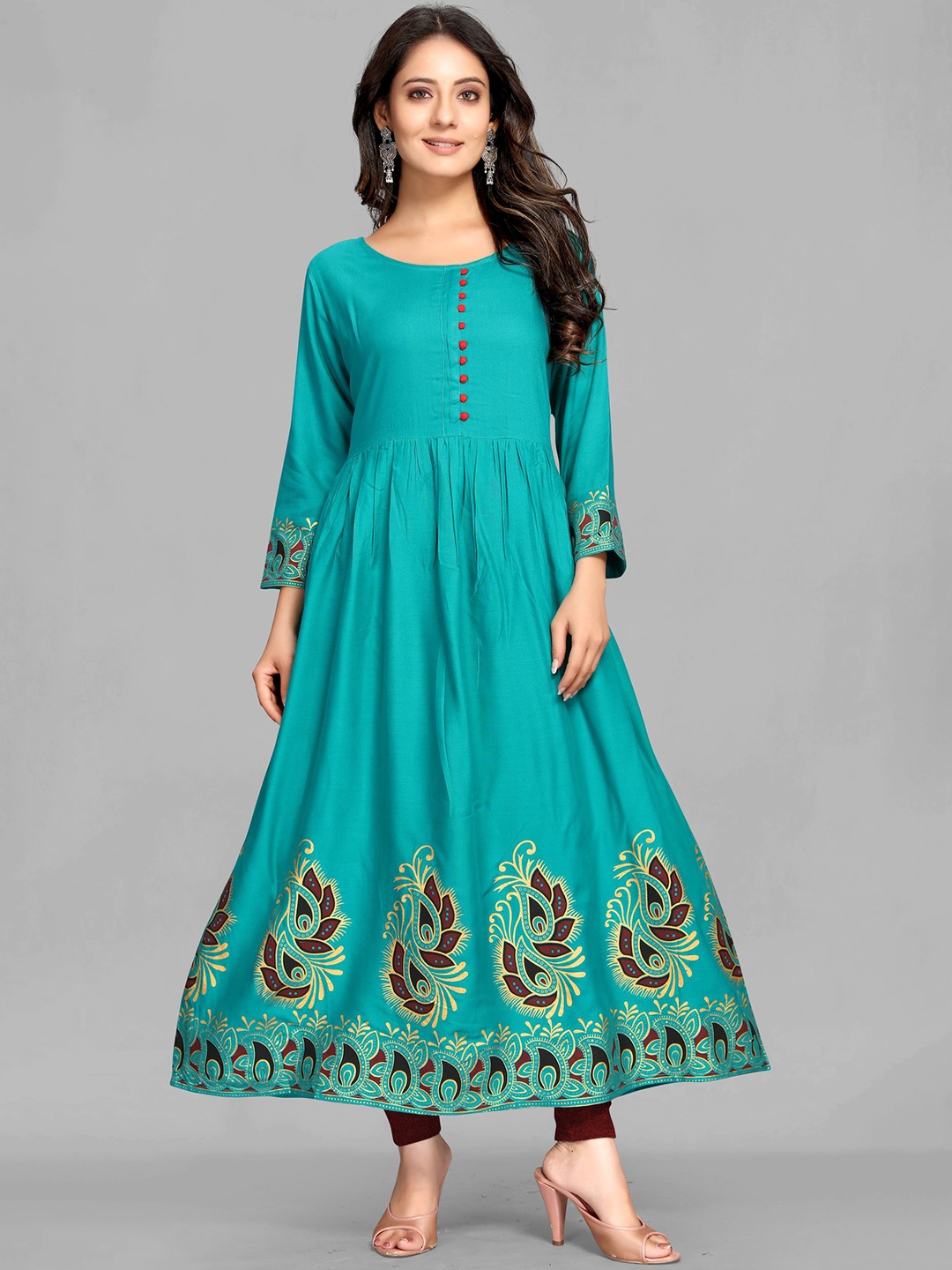

MAIYEE Round Neck Ethnic Printed A-Line Kurta, Green