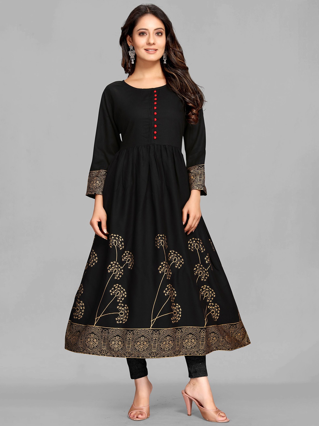 

MAIYEE Printed Round Neck Anarkali Kurta, Black