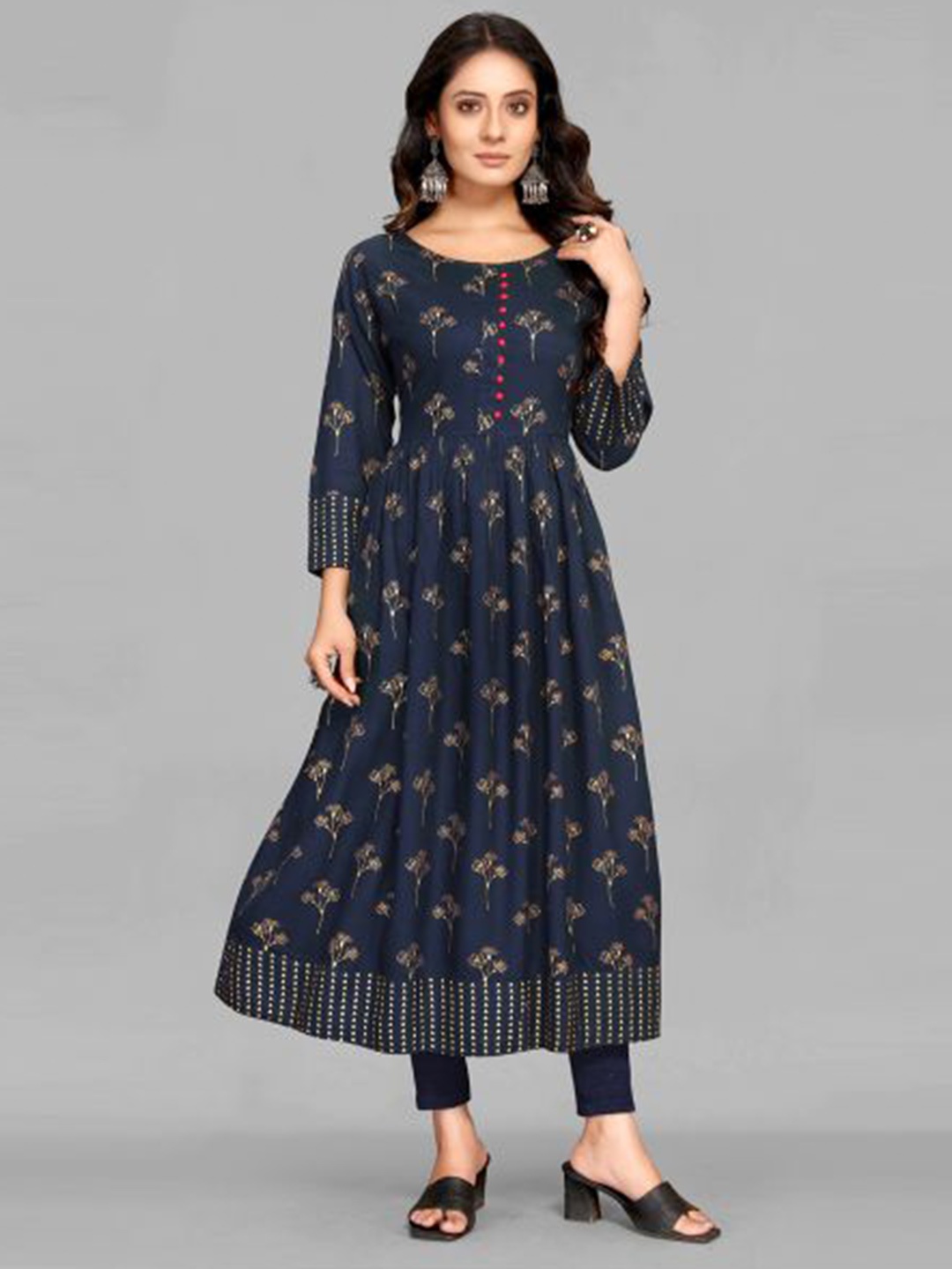 

MAIYEE Floral Printed Round Neck Anarkali Kurta, Navy blue