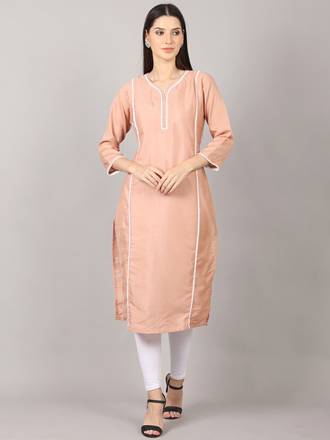 

MAIYEE Taping Detail Gotta Patti V Neck Straight Kurta, Peach