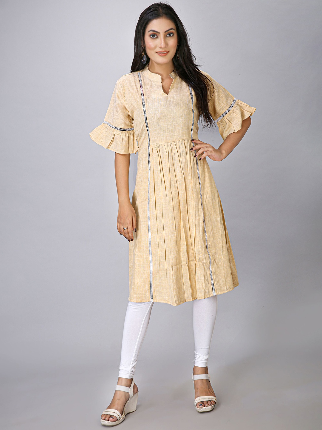 

MAIYEE Woven Design Bell Sleeves Gotta Patti Mandarin Collar A-Line Kurta, Beige