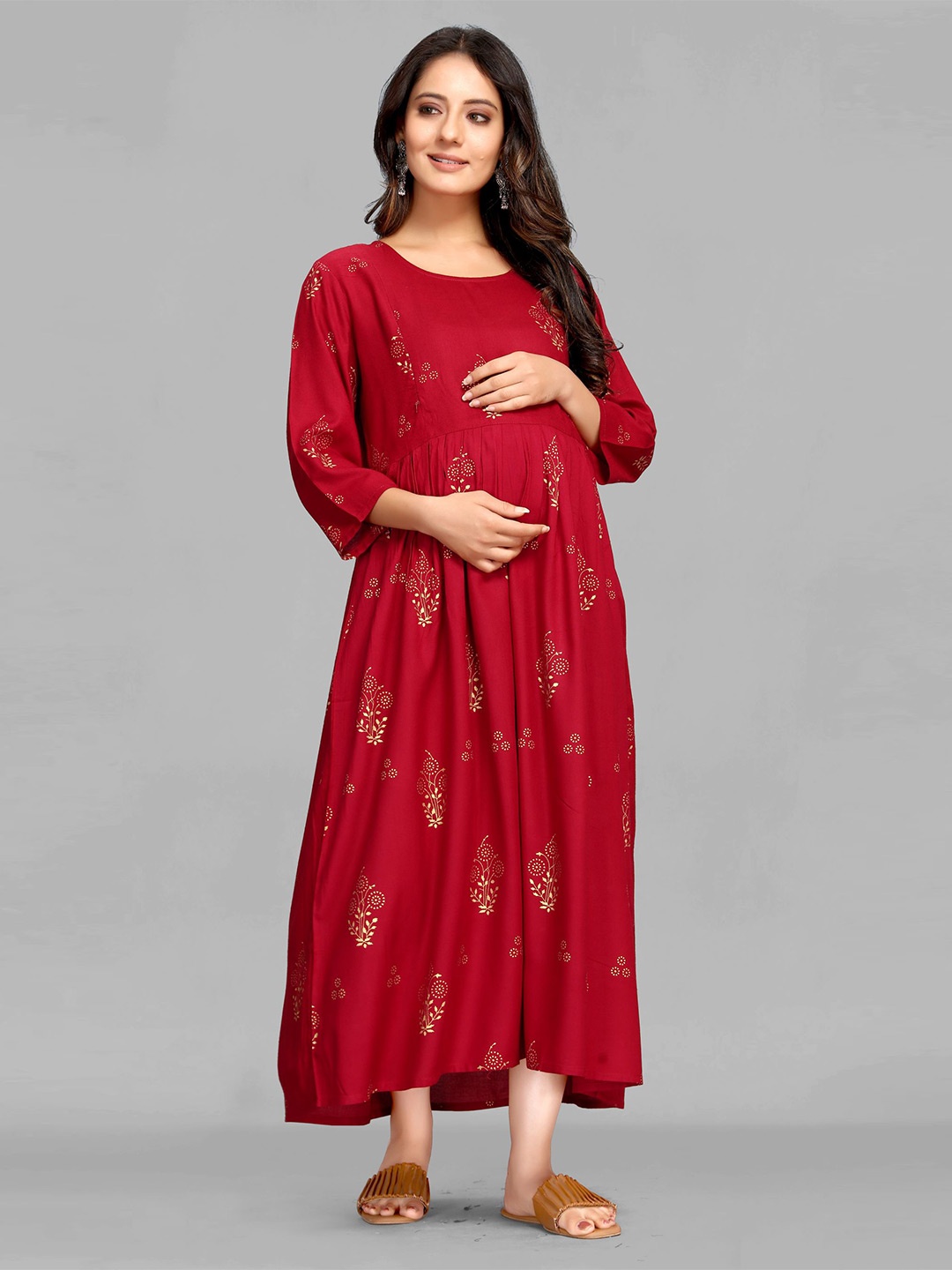 

MAIYEE Floral Printed Pure Cotton Maternity A-Line Midi Dress, Red