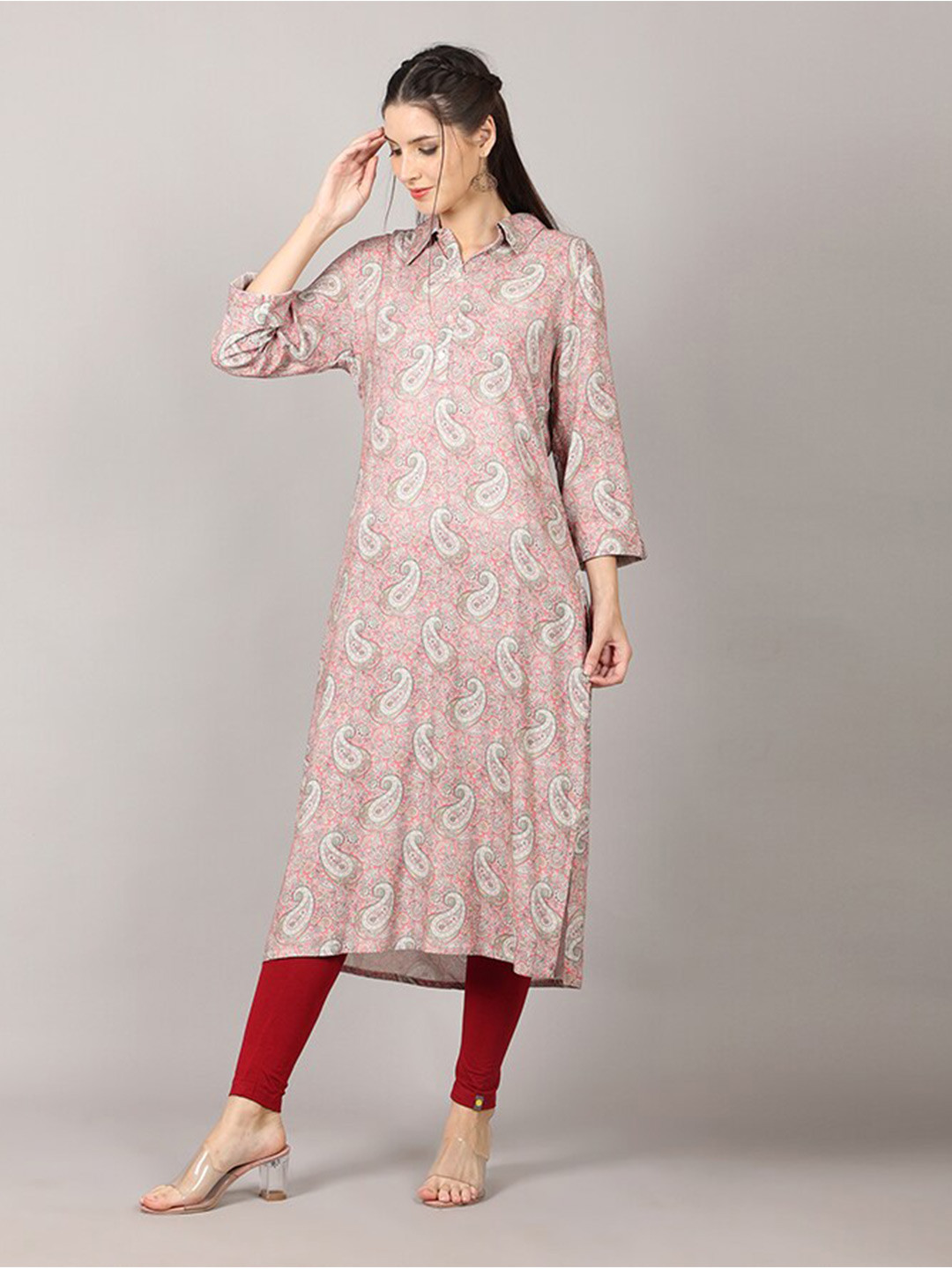 

MAIYEE Paisley Printed Shirt Collar Straight Kurta, Rose