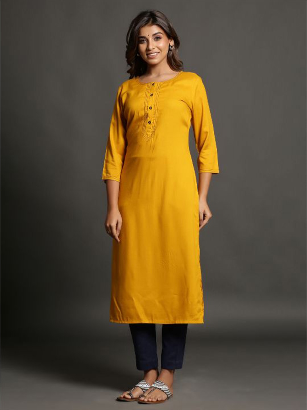 

MAIYEE Button Neck Straight Kurta, Mustard