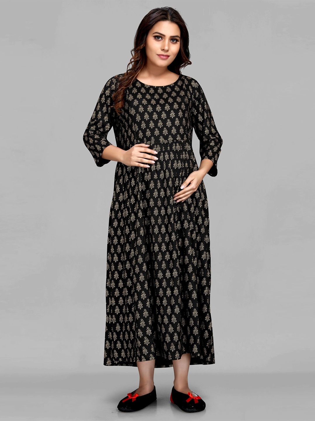 

MAIYEE Ethnic Motifs Print Maternity A-Line Midi Dress, Black