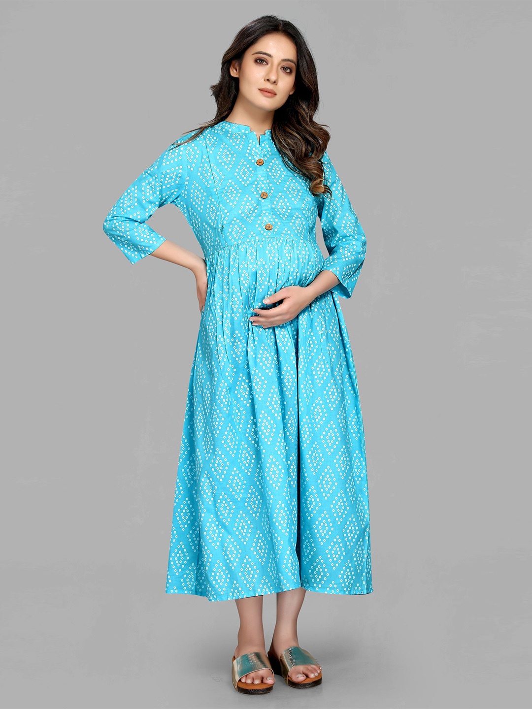 

MAIYEE Geometric Printed Pure Cotton Maternity A-Line Midi Dress, Blue